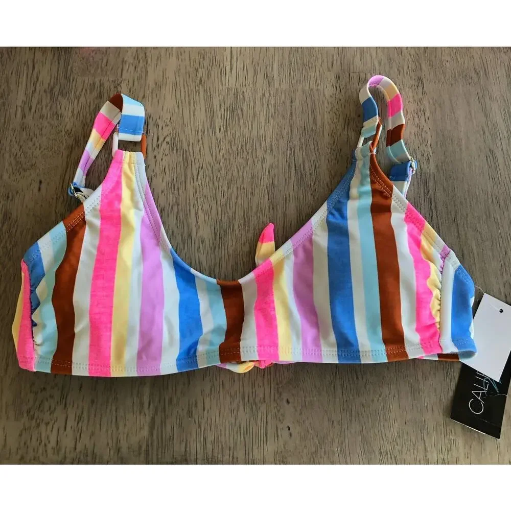 California Waves Rainbow Stripe Adjustable Strap Bralette Bikini Top - L